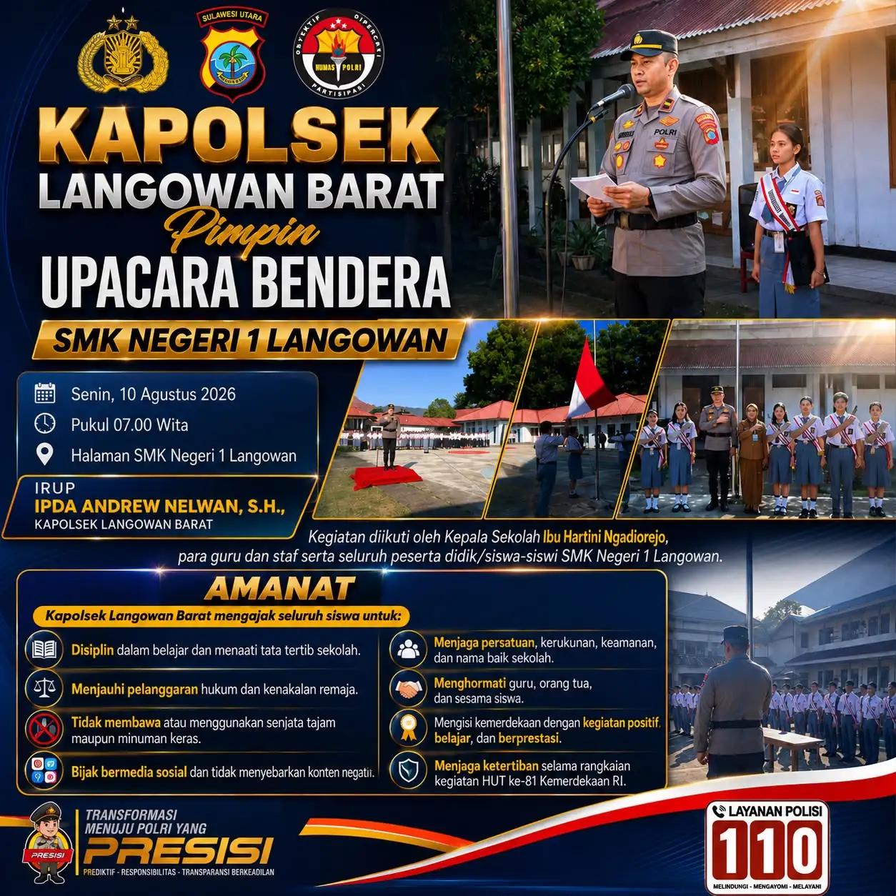 Kapolsek Langowan Barat Jadi Irup Upacara Bendera di SMK Negeri 1 Langowan, Sampaikan Pesan Disiplin dan Jauhi Sajam, Miras dan Kenakalan Remaja